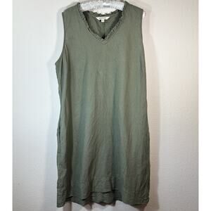 Briggs Women’s Green Sleeveless Ruffle V-neck Linen Rayon Dress With Pockets XL